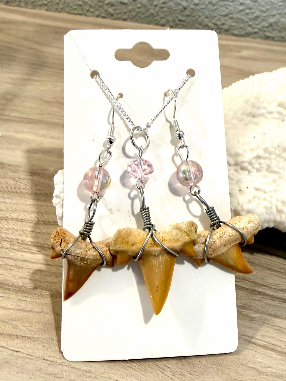27. Handcrafted Pink Bead Shark Tooth Necklace & Earrings Set